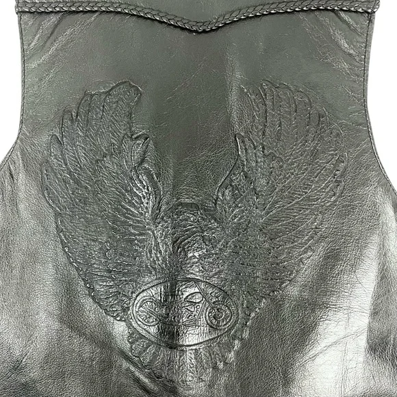 Vtg Le Cuir Niko Leather Biker Vest Black Size L, Eagle Embrossed Braided Detail - Picture 9 of 14